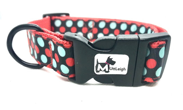 Blue and red polka dot dog collar